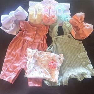 Baby Girl Bundle Lot 0-3 6-9 m Carters + Spring Rompers Bodysuit Headbands Bows